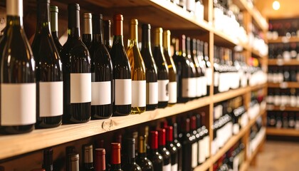 Wine Bottles on Wooden Shelves in a Wine Cellar
