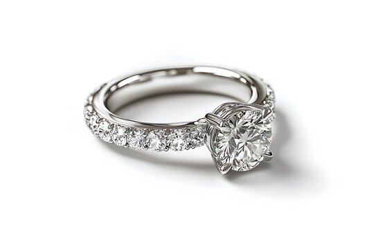Close up of a diamond ring with a silver band on a white background showing the ring's details