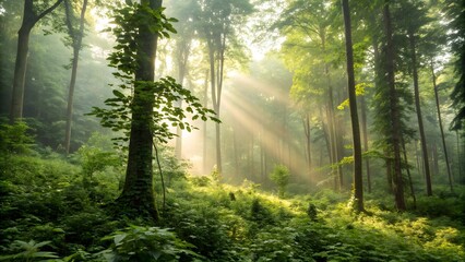 Fototapeta premium Mystical Forest Sunrays Nature Scene