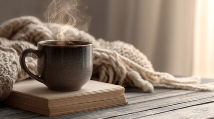 Cozy Still Life with Steaming Coffee Mug Open Book and Knit Blanket on a Rustic Wooden Table Perfect for Relaxation and Warmth in a Serene Setting