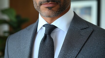 Close up of a man with a graying beard wearing a gray suit and tie with a white collared shirt