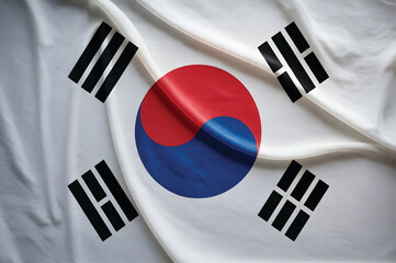 South korean flag waving in the wind, close up shot