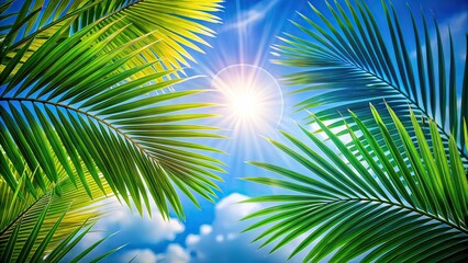 Naklejka premium Palm Leaves Bokeh Blue Sky AI Photo, Tropical Sky, Beautiful Palm Trees