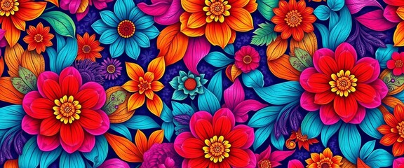 Intricate abstract floral pattern in vibrant hues, flowing seamlessly ,  bloom,  colorful