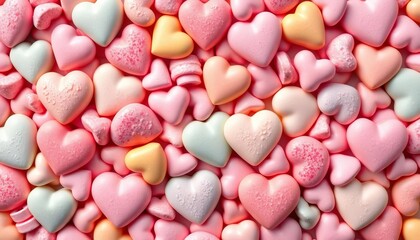 Seamless candy heart pattern, repeating design featuring various pastel-colored sweets, illustration, sugar