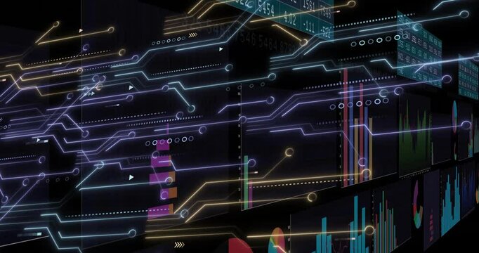 3D data cube receiving neon circuits and rotating while displaying charts for analytics