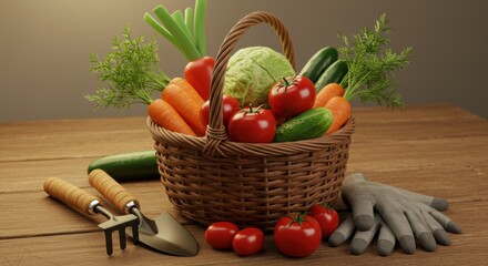 Freshly Harvested Garden Vegetables in a Rustic Basket, Gardening Tools and Gloves on Wooden Table
