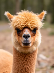 Obraz premium An apricot coloured Alpaca, recently sheared but still with tufty head in Charnwood Forest, UK on a spring day, shot with face focus and blurred background