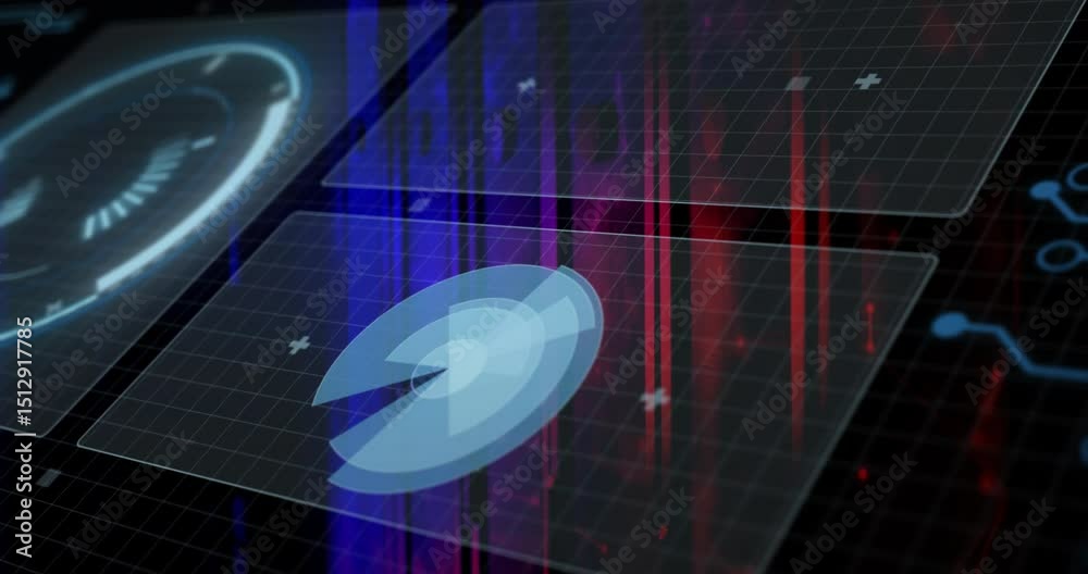 Poster on start 3d disc rotating exposing layers, red bars pulsing on transparent grid showing data
