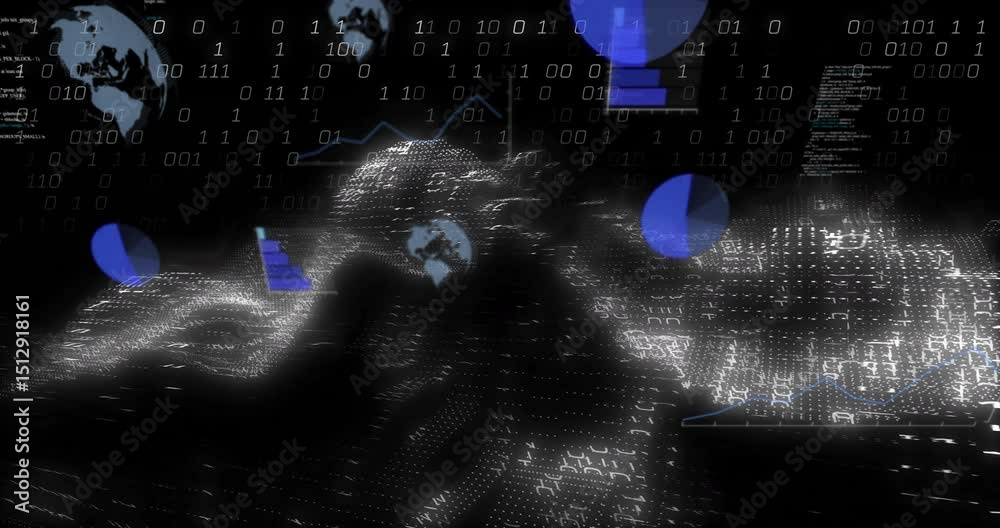 Poster binary digits cascading, data wave mesh waving, globe icons appearing, charts updating data display