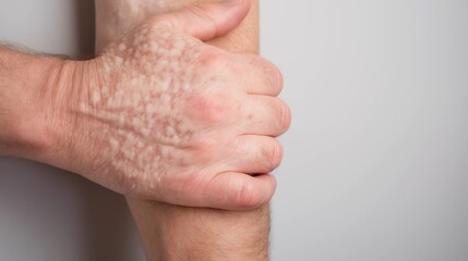 Fototapeta premium Close-up of vitiligo skin disorder on adult hand showing loss of pigmentation.