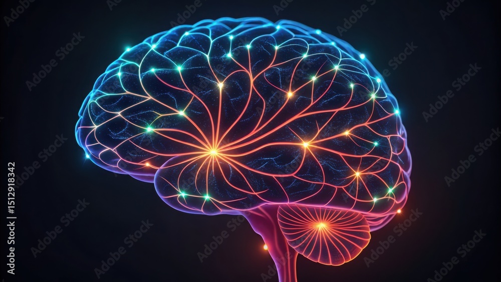 Poster Neon Brain Map Illustrating Neural Pathways and Intelligence Concepts