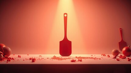 A single red spatula, bathed in warm spotlight, sits on a pale pink surface amidst chopped red ingredients