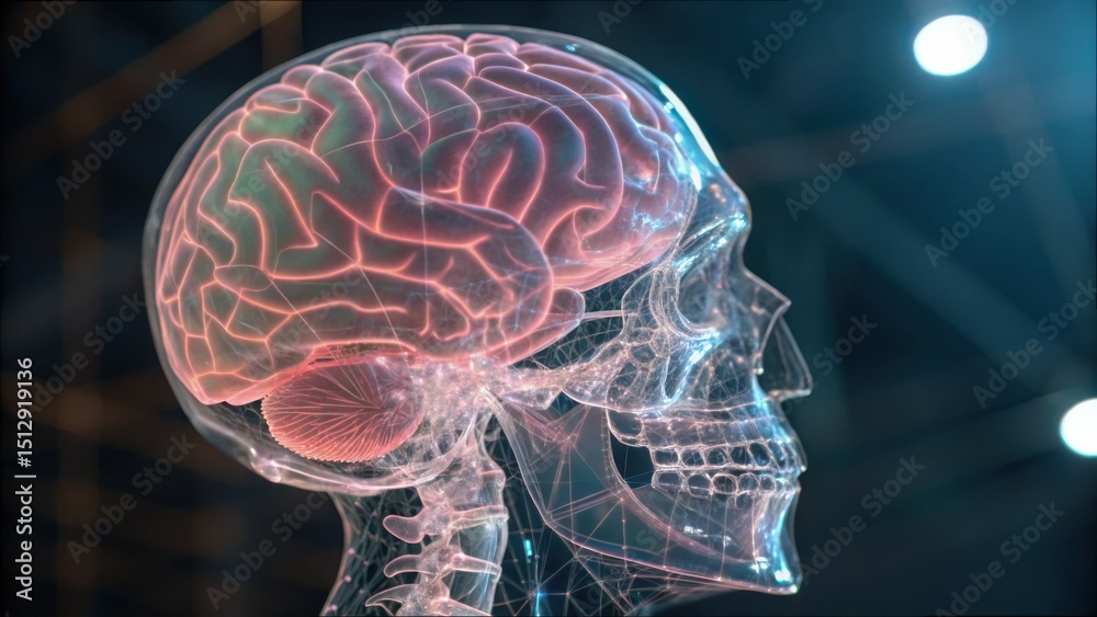 Aufkleber Transparent Skull Mesh Overlay with Detailed Brain Mapping Visualization