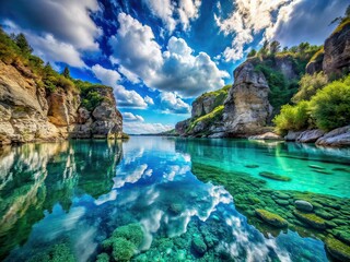 Obraz premium Reflective Landscape Illusion: Turquoise Waters & Cliffs