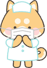 マスクをする茶色の柴犬の看護師