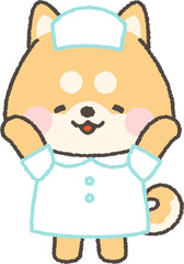 嬉しそうに両手を挙げる茶色の柴犬の看護師