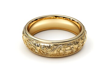 A close up of a shiny gold ring with floral engravings on a white surface in a studio setting