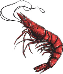 Red shrimp with curved antennae suitable for seafood restaurants, marine life publications, scientific articles, ocean conservation campaigns, and educational materials.