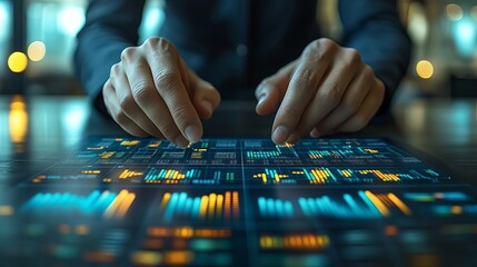 A person using a digital tablet displaying complex data visualizations and financial information charts