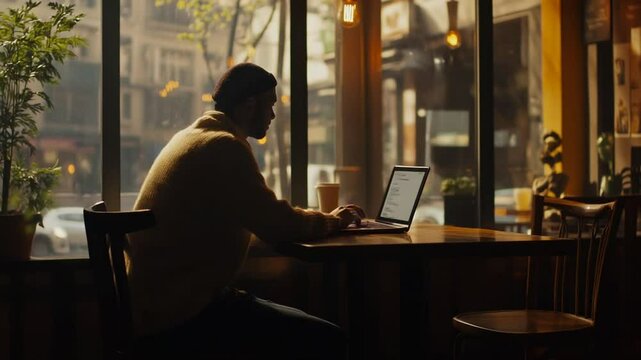 Focused Young Man Working on Laptop in Cozy Cafe with Urban Backdrop - Powered by Adobe