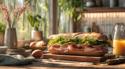 A sandwich from a horizontal cutted baguette with liver pate topping on a wooden breakfast table. Rich breakfast supplements around the sandwich,A modern kitchen interior in the background. cup tea