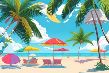 Summer Vacation Beach Illustration &mdash; Flat Vector with Palm Trees, Coconut Drink, and Sunset