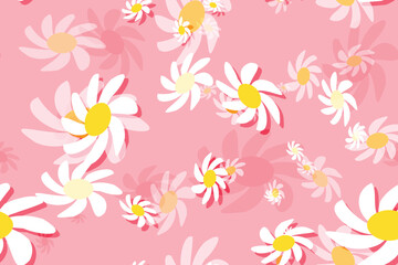 Seamless floral pattern with white and yellow daisy flowers, a beautiful spring nature illustration design pink background