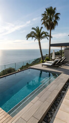 Fototapeta premium Title: Tropical Infinity Pool Overlooking Ocean with Palm Trees, Luxury Resort Escape