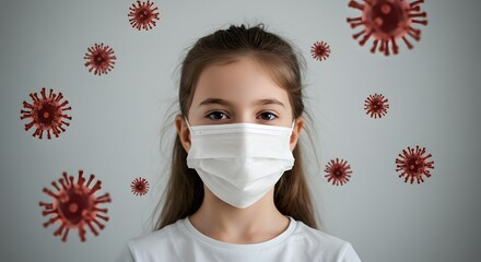 A young girl wearing a white protective face mask, standing against a backdrop of stylized red virus particles, representing child health and safety during a pandemic.