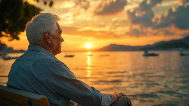 Senior man sits contemplatively on a bench at sunset over the sea - Powered by Adobe