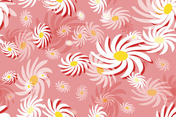 Seamless floral pattern with white and yellow daisy flowers, a beautiful spring nature illustration design pink background