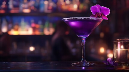 Midnight Orchid A Captivating Purple Cocktail in a Moody Bar Setting