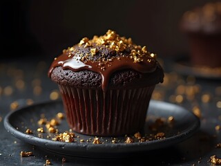 Double Chocolate Muffin Elegance: A rich double chocolate muffin with glossy ganache, topped with edible gold flakes, served on a black marble plate with a dramatic blurry dark background.