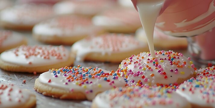 Festive holiday cookie decorating scene with sugar cookies royal icing and colorful sprinkles