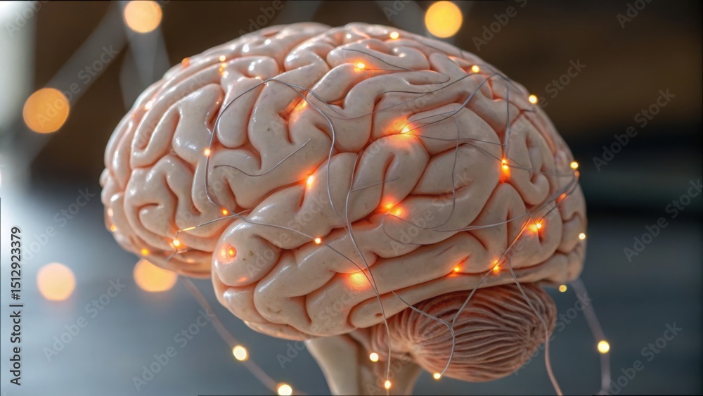 Poster close-up of synthetic brain with glowing lights in soft focus