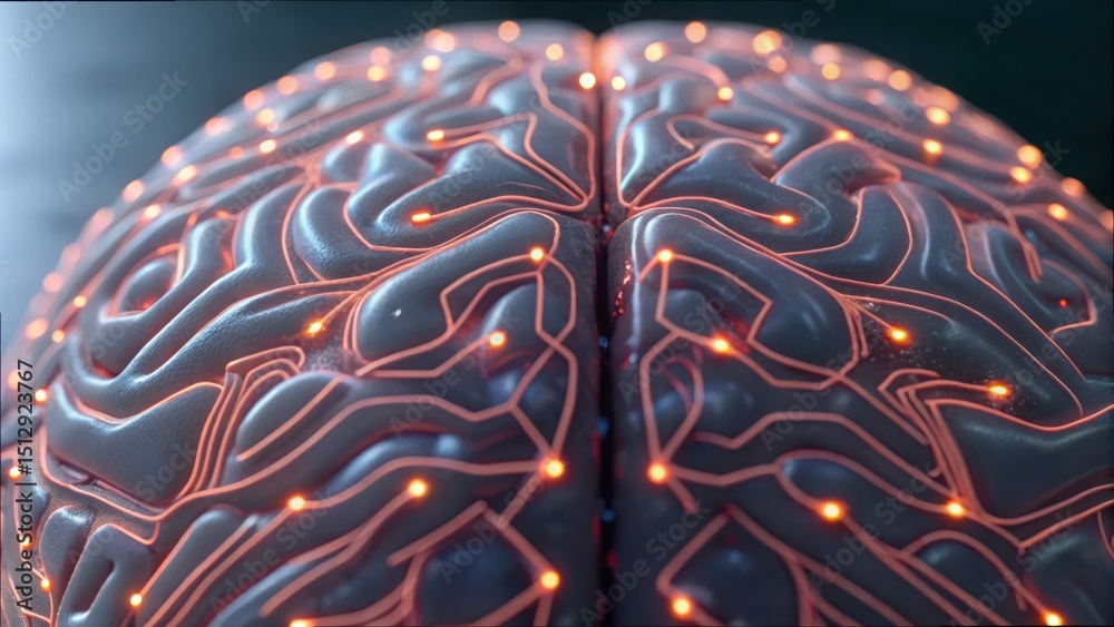 Aufkleber Glowing Nerve Pathways on Brain Surface in Neon Patterns