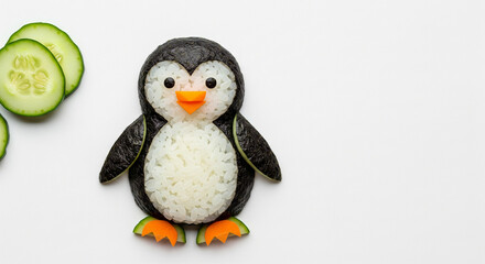 Fototapeta premium Penguin figure made from rice and nori seaweed with carrot feet