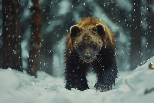 Fierce wolverine prowling through a dense snowy forest powerful muscles flexing under its thick fur cinematic wildlife action