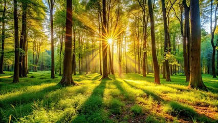 Fototapeta premium Sunlit Forest Glade: Peaceful Tranquil Nature Scene - Low Light Photography