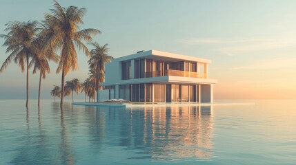 Fototapeta premium Contemporary architectural marvel, luxury villa amidst tropical paradise at sunset