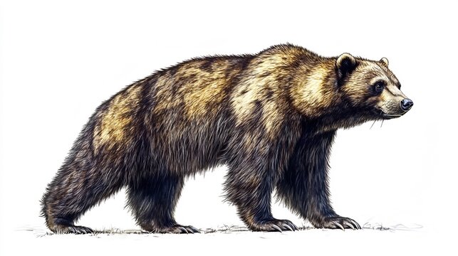 Fierce wolverine standing boldly thick fur and muscular build highlighted under soft lighting isolated on a white background