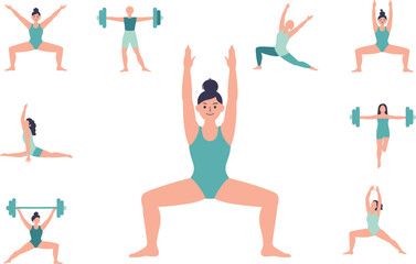 Dynamic Fitness and Strength Training Exercises Featuring Weightlifting, Squats, Lunges, and Stretching – High-Resolution Vector Illustration for Adobe Stock SEO Optimization flat vector illustration