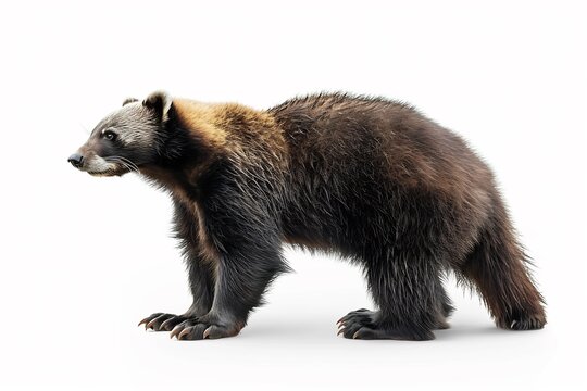 Fierce wolverine standing strong thick fur and sharp claws appearing in hyper realistic clarity isolated on a white background