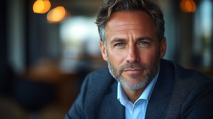 Portrait of a handsome middle aged man with graying hair and beard wearing a suit and light blue shirt