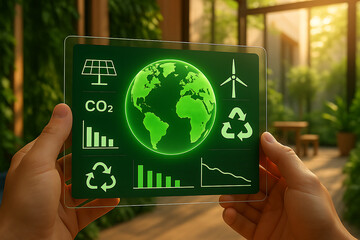 Green Technology Dashboard Displayed on a Transparent Screen Showing Environmental Data for Sustainable Energy and Climate Solutions
