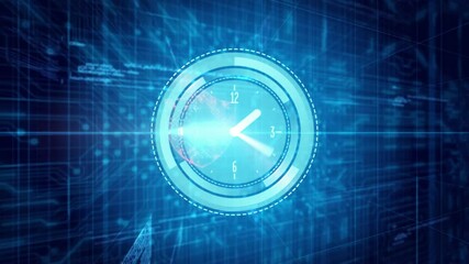 Glowing neon blue clock pulsing ring shifting hand streaming code and wrapping shield for security - Powered by Adobe