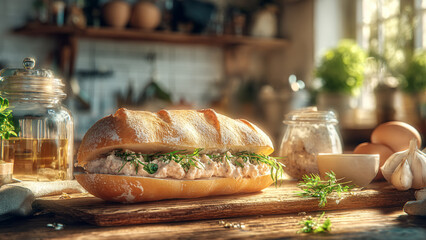 A sandwich from a horizontal cutted baguette with liver pate topping on a wooden breakfast table. Rich breakfast supplements around the sandwich,A modern kitchen interior in the background. cup tea