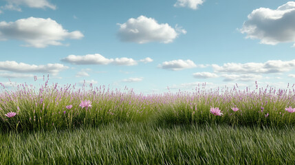 Obraz premium Field of lavender flowers under bright sky with fluffy clouds creates serene atmosphere