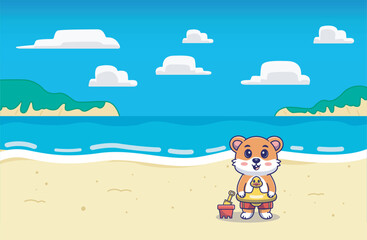 A fun and adorable illustration of a cute hamster wearing a rubber duck toy on its waist,playing at the beach, perfect for pet lovers,beach themed,summer vibes, background,wallpaper etc